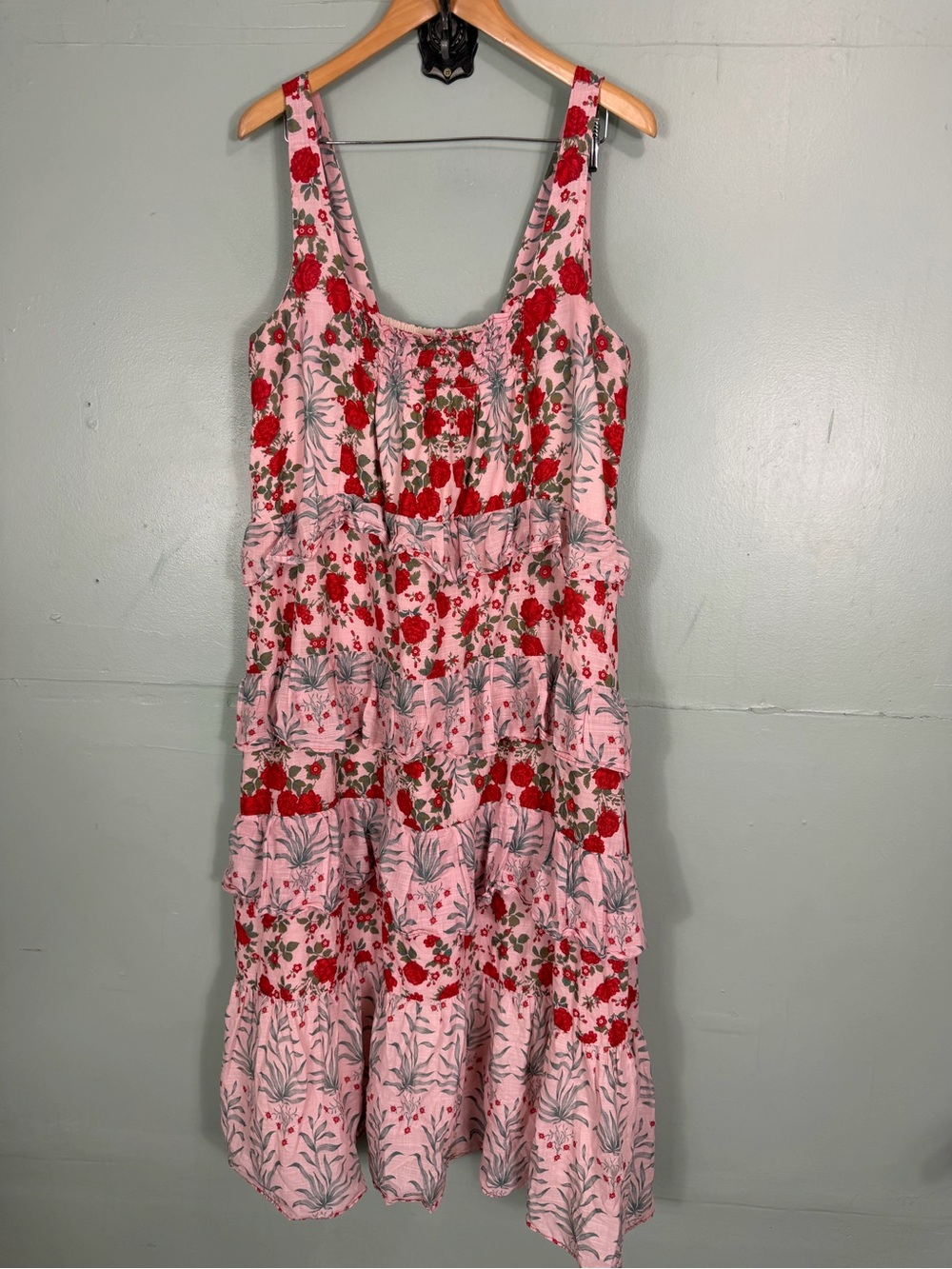 Anthropologie Sleeveless Square Neck Tiered Midi Dress‎ Floral Red Pink LP